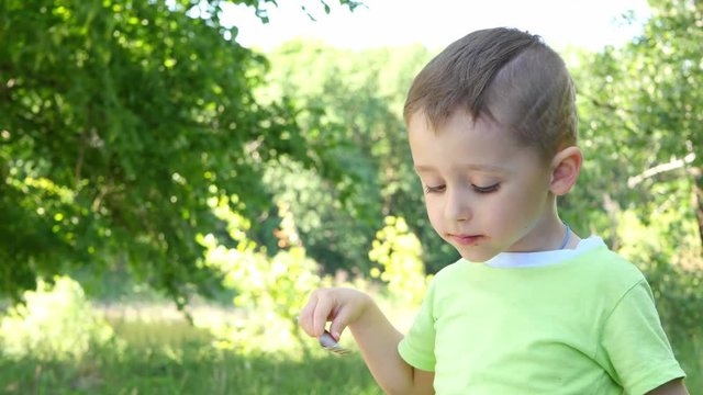 A little boy eats a shish kebab, sitting at a barbeque at a nature background