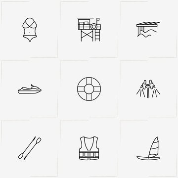 Water Sport line icon set with rowing paddle , sailing boat  and water scooter