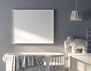 Poster frame mockup with oval crib in child room 3d rendering