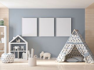 Poster frame mockup in kids room with plaining wigwam 3d rendering © radmila85