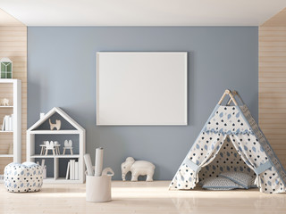 Poster frame mockup in kids room with plaining wigwam 3d rendering © radmila85