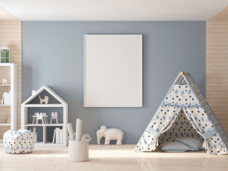 Poster frame mockup in kids room with plaining wigwam 3d rendering © radmila85