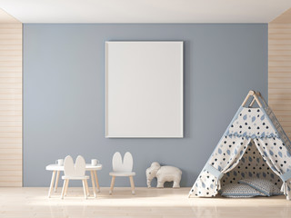 Poster frame mockup in kids room with plaining wigwam 3d rendering © radmila85