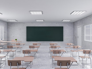 Modern classroom, desk 3d rendering