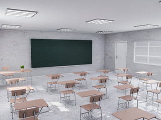 Modern classroom, desk 3d rendering