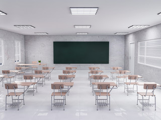 Modern classroom, desk 3d rendering