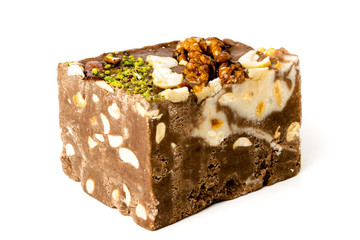 Halva with cocoa and walnuts, almonds and cashews.