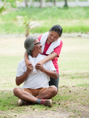 Fototapeta premium Senior couple lover running in Park.Health care concept.