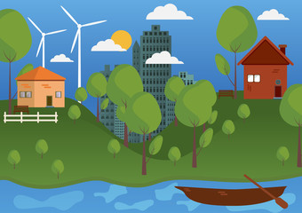 City and nature flat design vector background