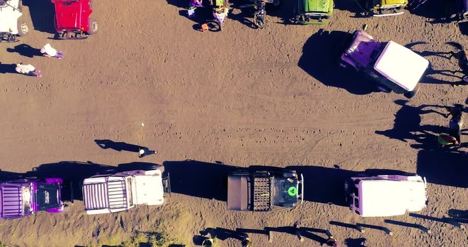 Aerial view of Jeeps waiting for tourist at parking lot in Mount Bromo, Indonesia