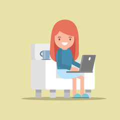 Young woman or girl freelancer working on computer desk and chatting flat character design