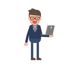 Business man cartoon standing hold laptop on hand succeed concepts vector illustration in flat design
