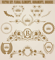 Set of golden monograms with floral elements for page, web design. Filigree royal shields, old frames, borders in vintage style for label, emblem, badge, logo, wedding card, invitation. Illustration.