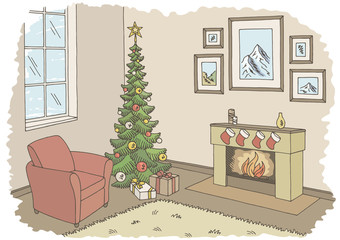 Living room graphic Christmas tree color interior sketch illustration vector