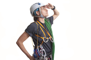 Rock climber aiming at the highest peak.  Isolated on white background.