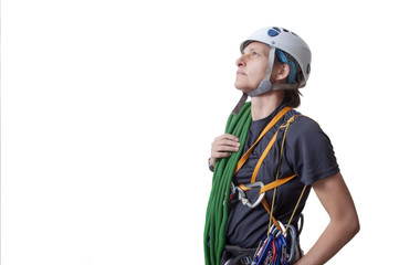 Rock climber aiming at the highest peak.  Isolated on white background.