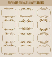 Vector set of decorative hand drawn elements, border, frame with floral elements for design of invitation, greeting, wedding, gift card, certificate, diploma, voucher. Page decoration in vintage style