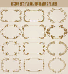 Vector set of decorative hand drawn elements, border, frame with floral elements for design of invitation, greeting, wedding, gift card, certificate, diploma, voucher. Page decoration in vintage style