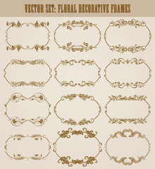 Vector set of decorative hand drawn elements, border, frame with floral elements for design of invitation, greeting, wedding, gift card, certificate, diploma, voucher. Page decoration in vintage style