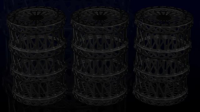 Background - cellular structure as oil barrel turn around on black and dark blue background. Luma matte. 3D rendering.