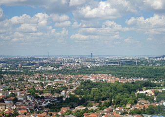 Aerial view of Paris, France and the Seine River