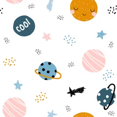 Sierkussen Leuk ruimte naadloos patroon met hand getrokken planeten en sterren. Trendy kinderen afbeelding. Vector illustratie. © bilaaa