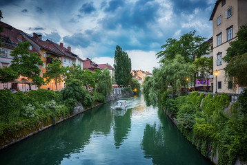 Ljubljanica river in the city center. Ljubljana, capital of Slovenia.