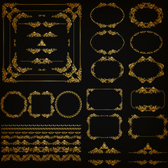 Set of gold decorative hand-drawn floral element, corner, seamless borders, frames, filigree dividers, crown on black background. Page, web site decoration in vintage style. Vector illustration EPS 10