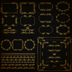 Set of gold decorative hand-drawn floral element, corner, seamless borders, frames, filigree dividers, crown on black background. Page, web site decoration in vintage style. Vector illustration EPS 10