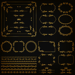 Set of gold decorative hand-drawn floral element, corner, seamless borders, frames, filigree dividers, crown on black background. Page, web site decoration in vintage style. Vector illustration EPS 10