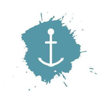 Anchor on blue paint spots isolated on white. Grunge vector illustration. Marine Design.