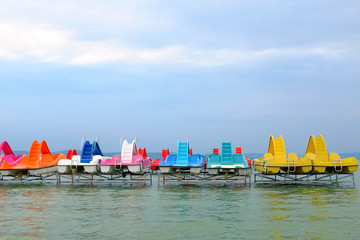 Paddle boats in vivid color on Lake Balaton, Hungary