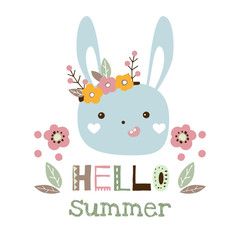 Hello summer vector illustration. Cute bunny vector card