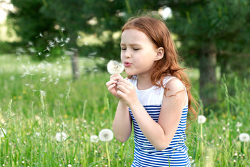 Beautiful red-headed girl, blowing with concentration of an dandelion in a summer forest.