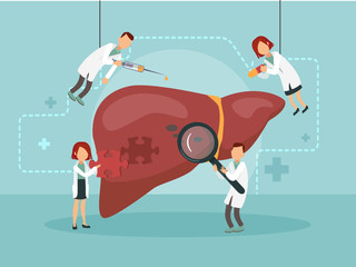 Doctors treat a sick liver. Vector illustration. - 213472155