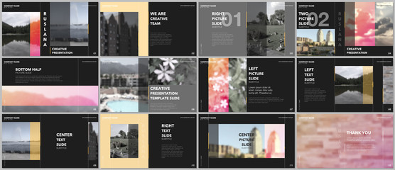 Travel concept presentations design, portfolio vector templates with graphic elements on black. Multipurpose template for presentation slide, flyer leaflet, brochure cover, report, advertising.