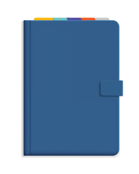 Vector illustration of blue diary with hard cover and colorful bookmarks - with space for your text