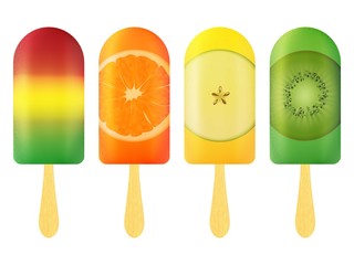 Set of ice cream, fruit ice on a stick, with Apple, orange and kiwi. realistic style. vector illustration.