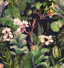 Obraz premium Wzór z tropikalnych liści i kwiatów. Akwarela z kwiatami. Tło botaniczne