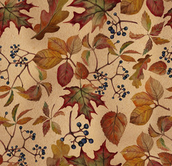 Autumn leaves with wild grapes, background. Autumn seamless watercolor pattern. fall