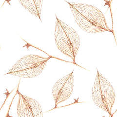 Seamless pattern in watercolor technique on the paper. Fall dry leaves.