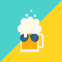 Beer mug with foam and sunglasses. Flat vector illustration. Isolated.