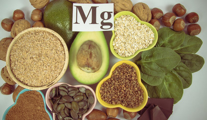 Products containing magnesium. Healthy food. White background.