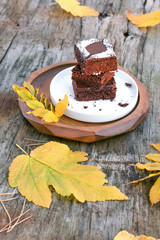 Delicious pieces of chocolate cake with coconut flakes and a pattern of a leaf on top, on a white plate and a wooden background. Around yellow autumn leaves. 
