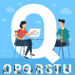 Big Q letter. White letter with  young people.