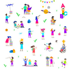 Fototapeta na wymiar Back to school - vector illustration. Group of active children. Set of isolated people characters. Children doing different activities liking painting, studying, sport, daydream, reading and explore.