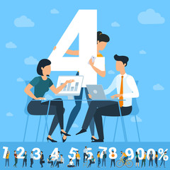 Big Four number. White numbers  illustration with  young people.