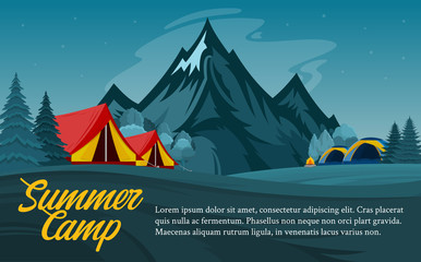 Vector mountains summer camp horizontal banner