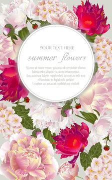 Template for greeting cards, wedding decorations, invitation,sales. Vector banner with Luxurious summer flowers. Spring or summer design. Place for text.