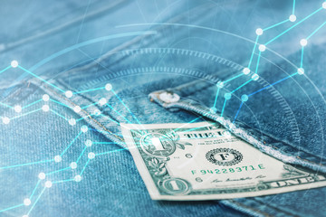 money in back blue jeans pocket denim background texture with digital graph chart.business online concept.